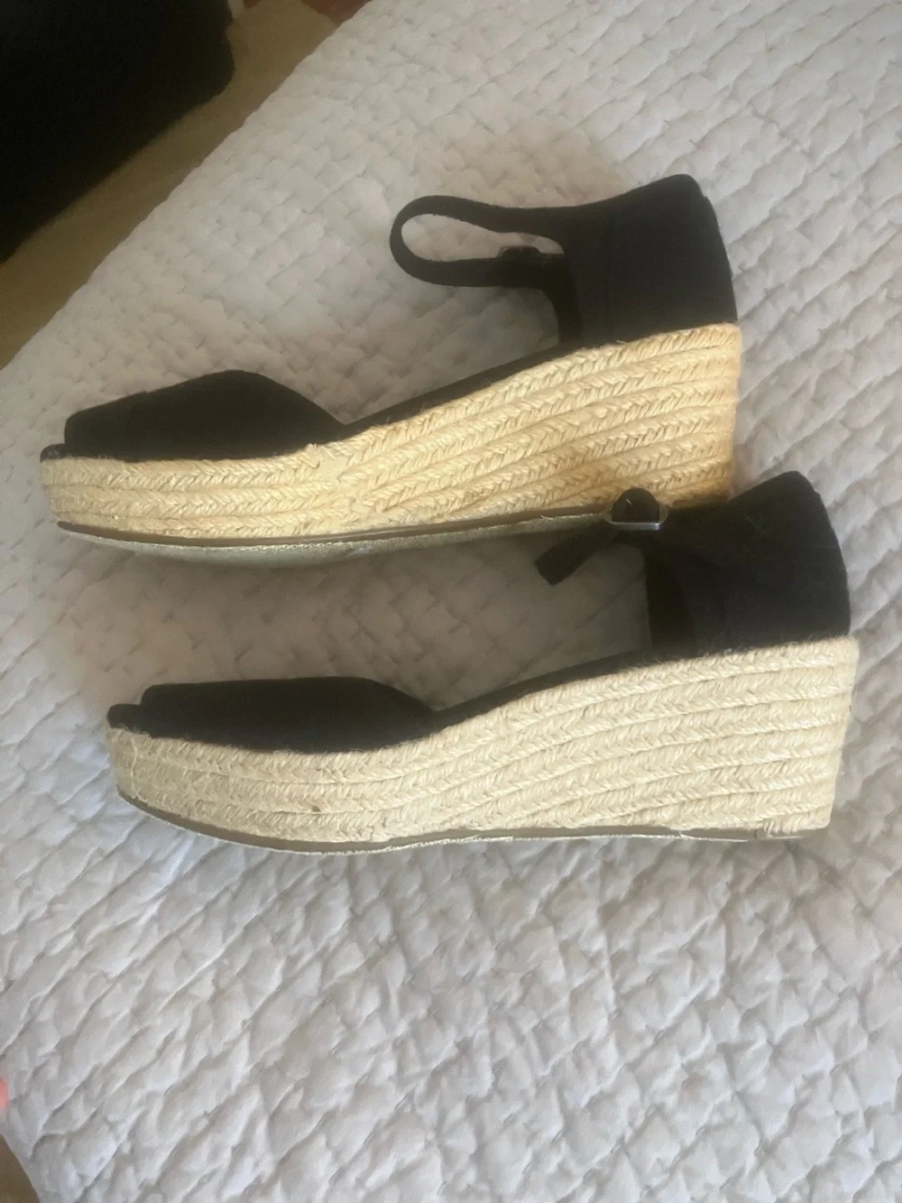 Toms Black Peep-Toe Ankle-Strap Wedge Sandals
